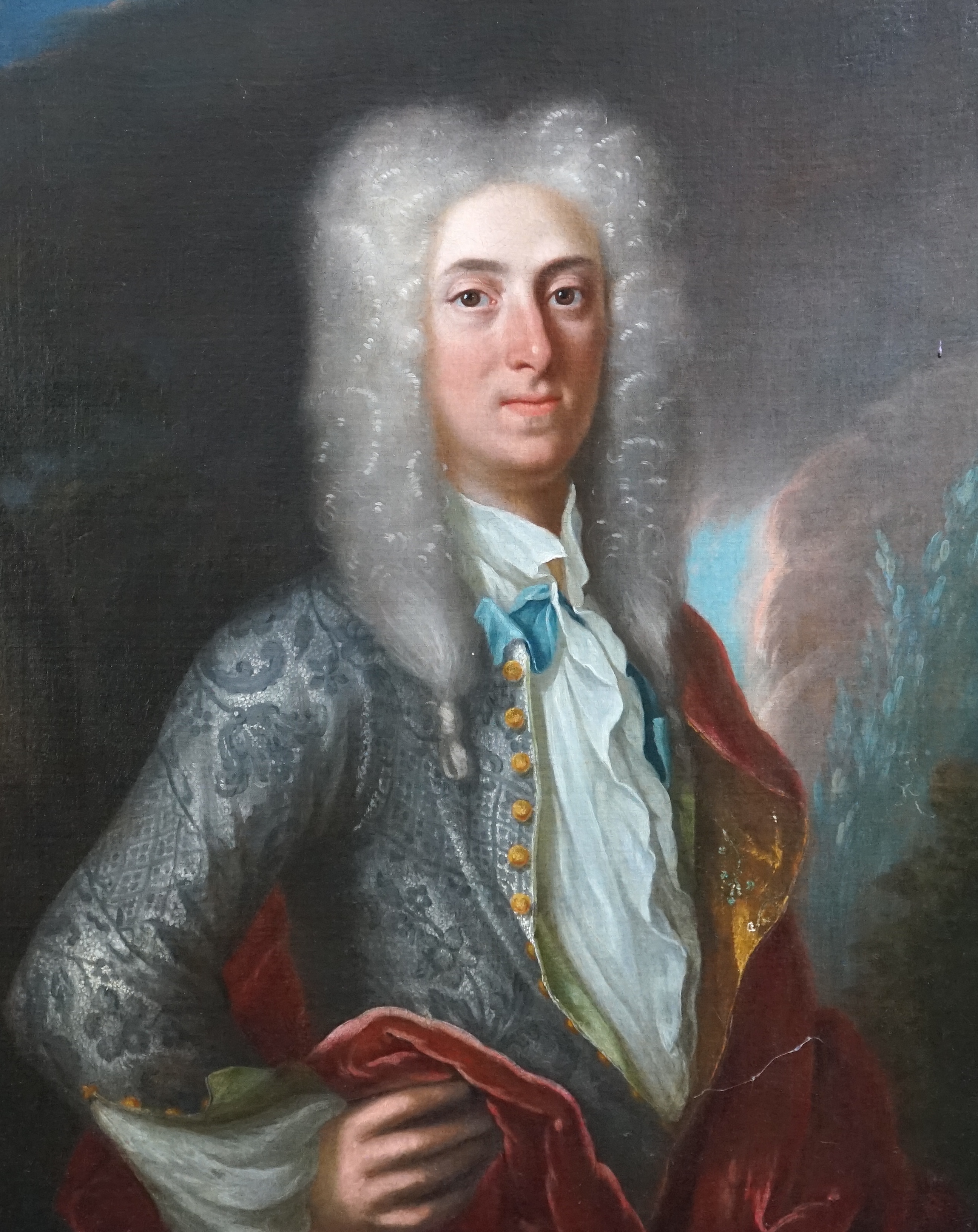 English School c.1740 , Portrait of John Wale Esq. (1701-1796) of Colne Priory, gentlemen of the bed chamber to King William III (in evening court dress), oil on canvas, 82 x 66cm